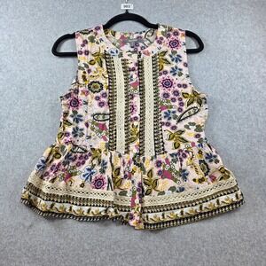 Blue Tassel Womens Small Pink Floral Paisley Peplum Sleeveless Button Down Top